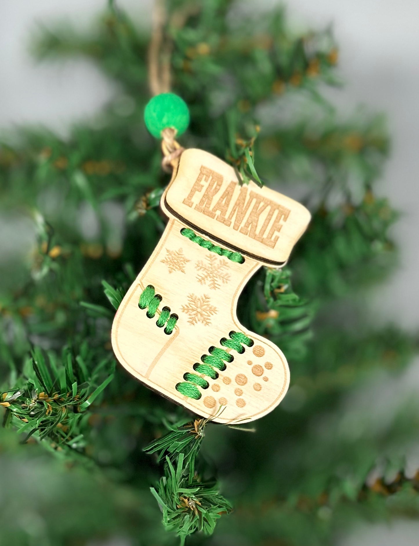 Personalized Pink Wooden Stocking Ornaments, Custom Woodsy Christmas Decor