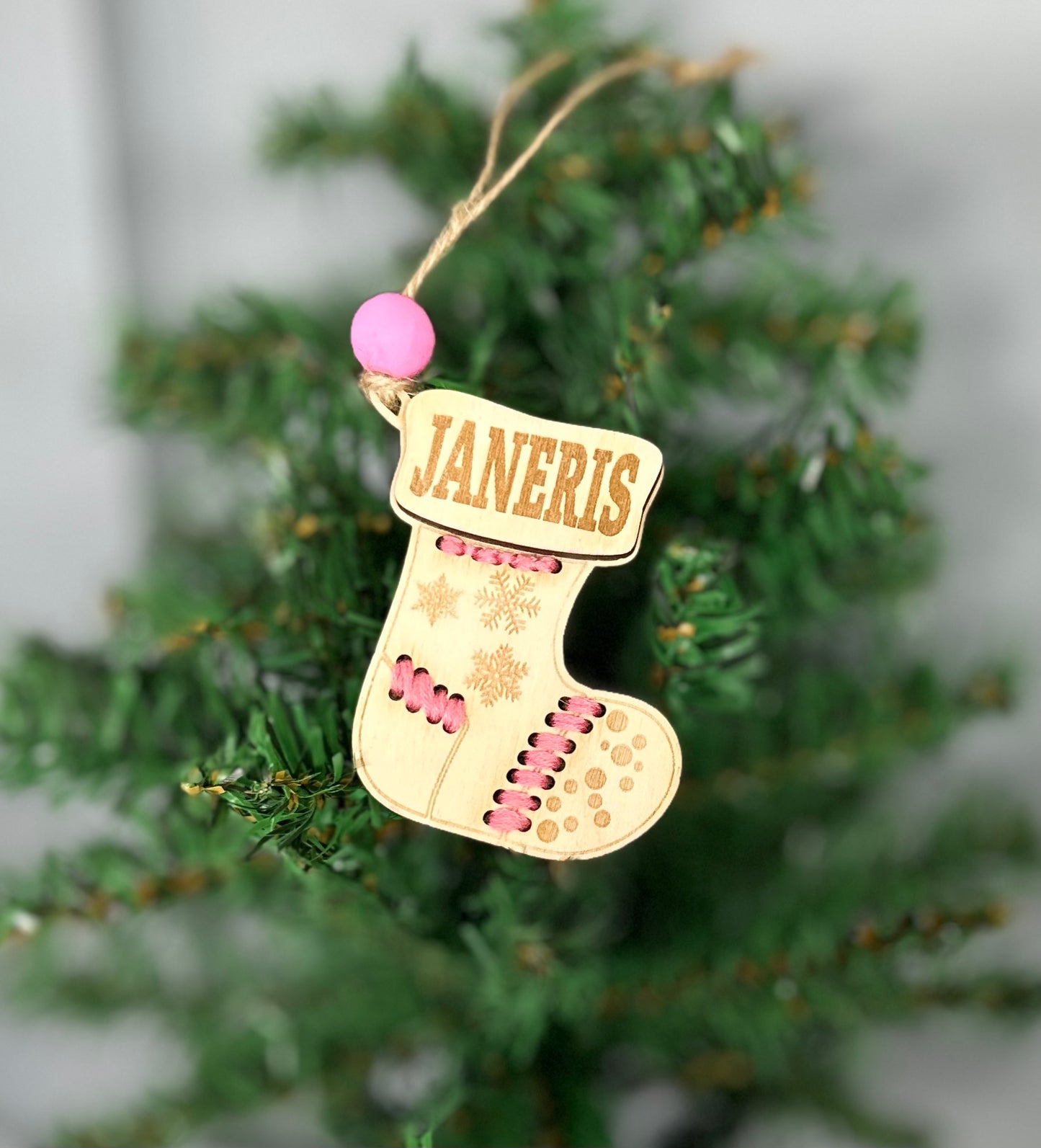 Personalized Pink Wooden Stocking Ornaments, Custom Woodsy Christmas Decor