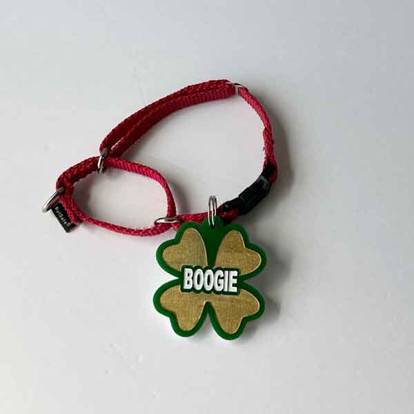 Lucky charm four leaf clover Name Pet ID tag with Phone number.