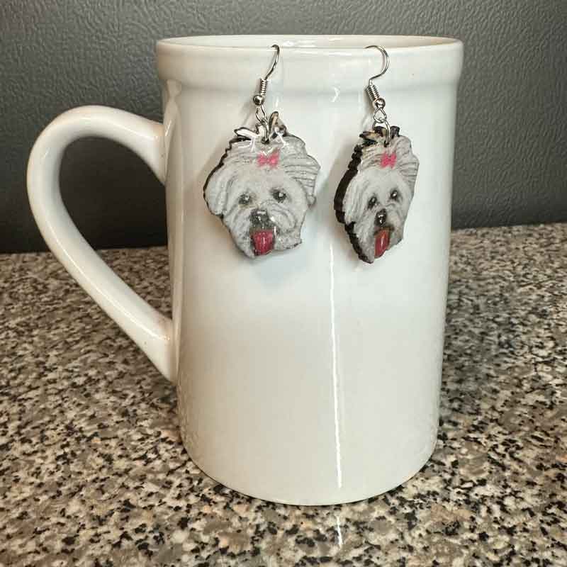 Hand Drawn Pet Portrait Earrings, Maltese Dangle Earrings - Jarijadecreations