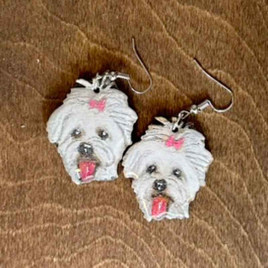 Hand Drawn Pet Portrait Earrings, Maltese Dangle Earrings - Jarijadecreations