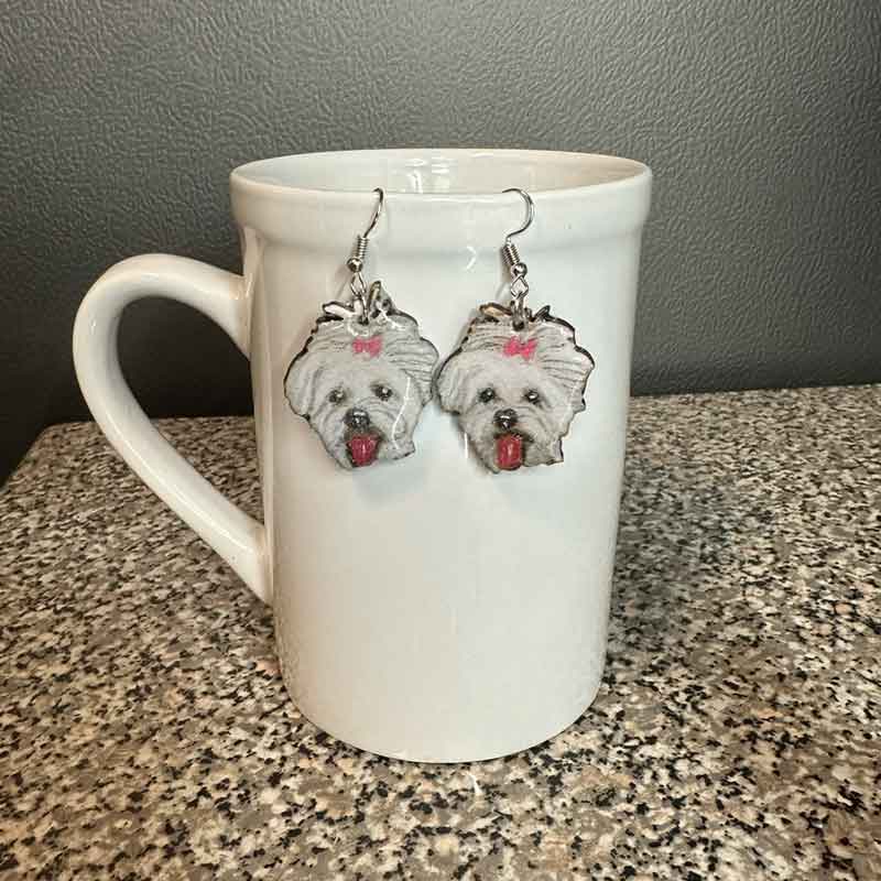 Hand Drawn Pet Portrait Earrings, Maltese Dangle Earrings - Jarijadecreations