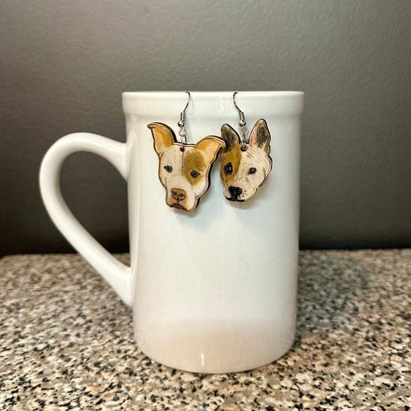 Handmade Custom Pet Portrait Earrings, Unique Pitbull Pet Stud or Dangle Earrings - Jarijadecreations