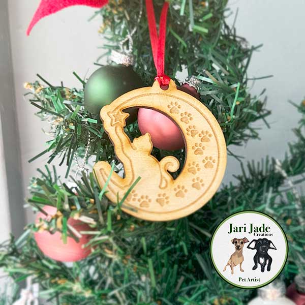 Kitty Crescent Cat Personalized With Name, Cat-On-Crescent Moon Ornament - Jarijadecreations