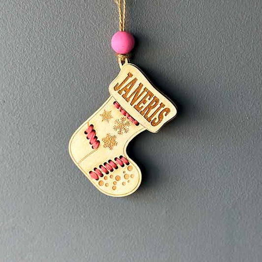 Personalized Pink Wooden Stocking Ornaments, Custom Woodsy Christmas Decor - Jarijadecreations